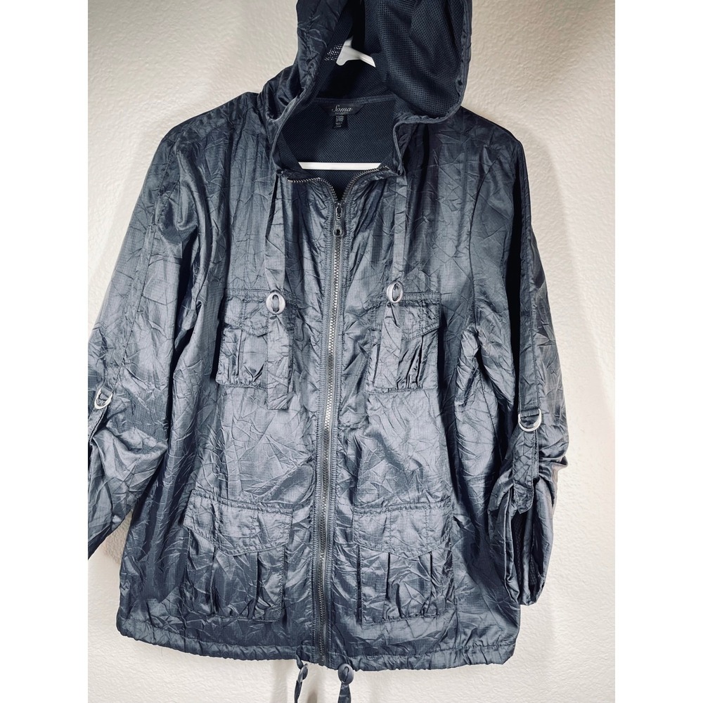 Soma Intimates Women's Lightweight Hooded Jacket Black  Large Roll Tab Sleeves